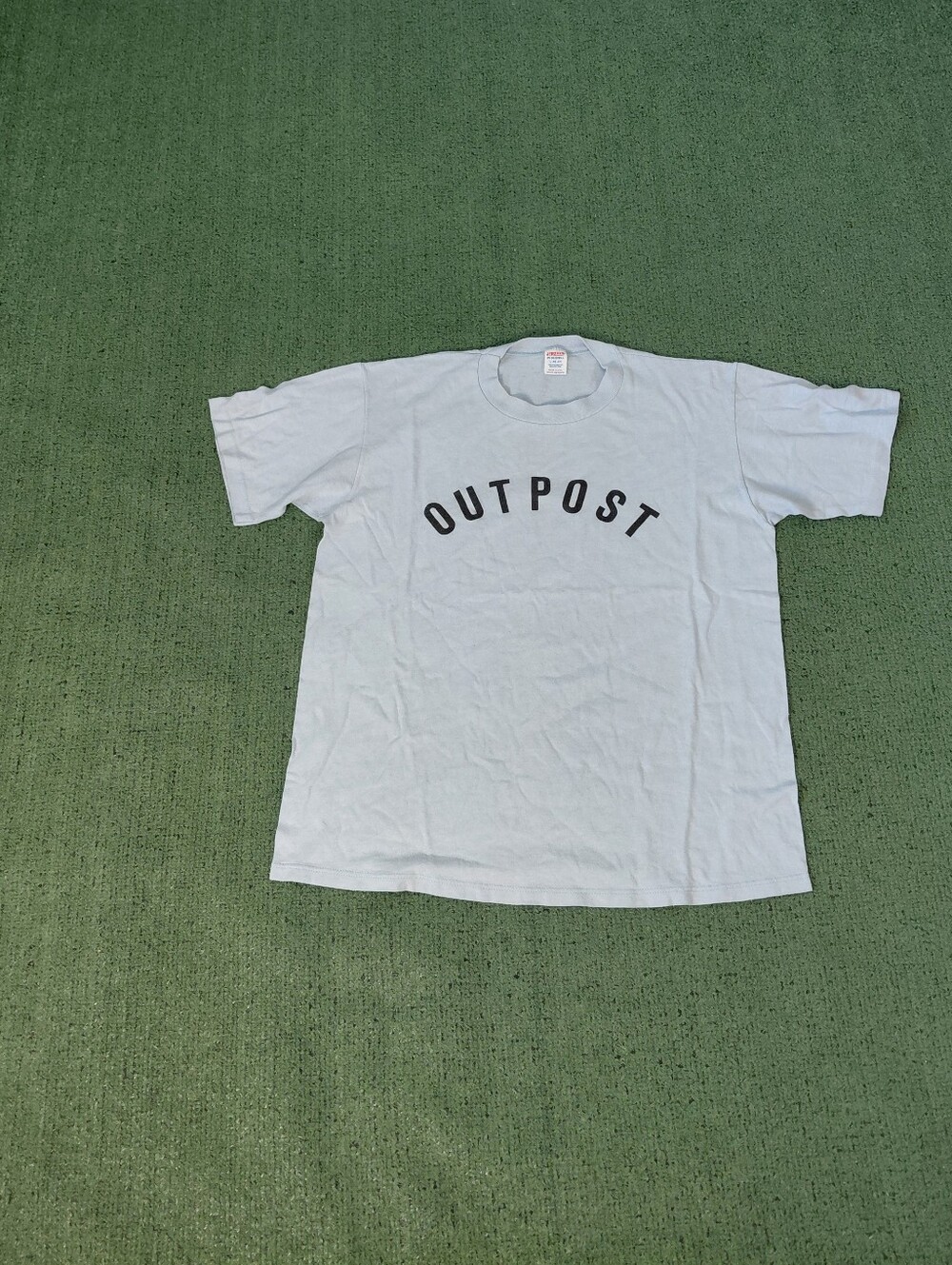 VINTAGE 1983 Jerzees Outpost Lettering Logo 80's Light Blue T Shirt Sz Large
